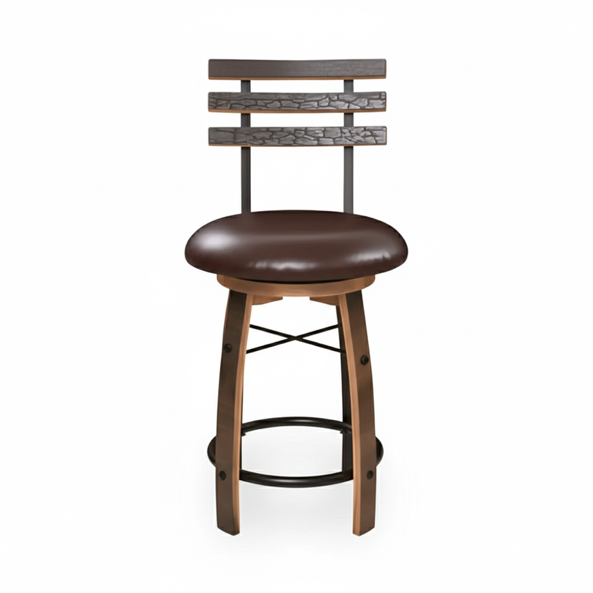 Bar Stool with Swivel Cushioned Seat & Stave Back: Features a brown cushioned seat, wooden legs, and a metal backrest with horizontal accents, inspired by bourbon barrel furniture for a rustic look.