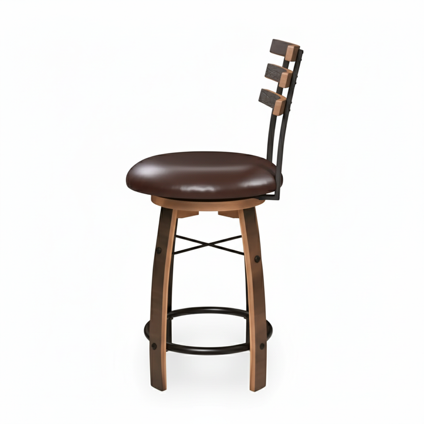 The Bar Stool with Swivel Cushioned Seat & Stave Back, featuring a wooden design and metal footrest inspired by bourbon barrel furniture, is shown on a white background.