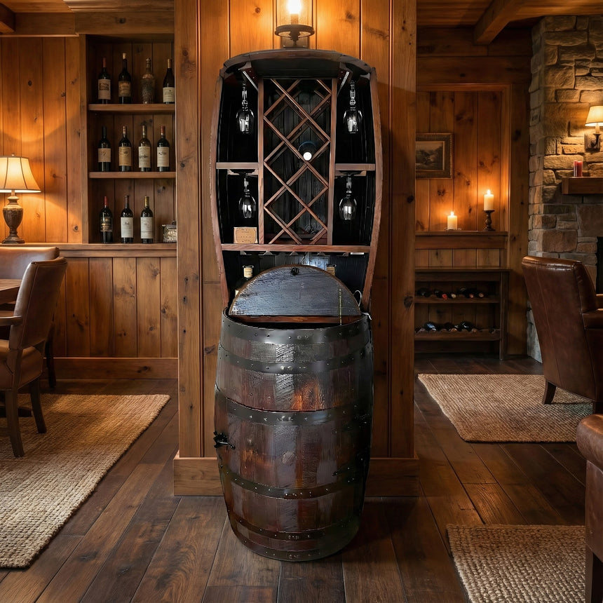 The Hutch Wine Bar Cabinet, hand made from solid wood barrels, holds 7 wine bottles and 20 glasses—a rustic centerpiece perfect for displaying your bourbon collection in a cozy wooden room.
