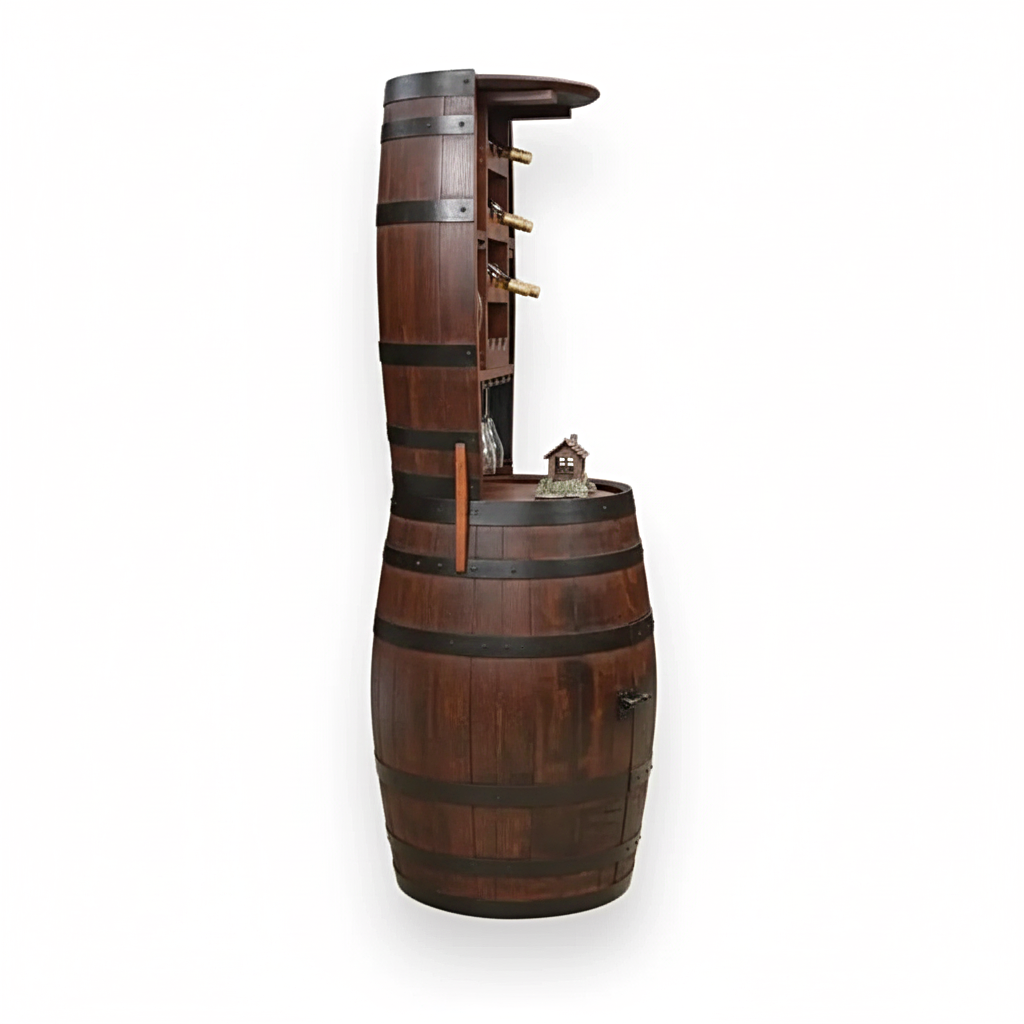 The 12 Bottles Barrel Hutch is a wooden whiskey barrel transformed into a bar cabinet, featuring shelves to display wine bottles and adding distinctive barrel furniture charm to your space.