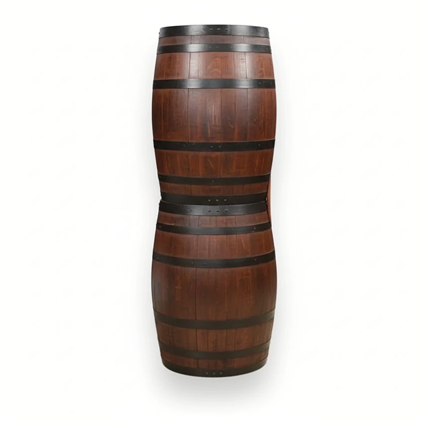 The 12 Bottles Barrel Hutch features two vertically stacked wooden barrels with a slight pinch in the middle, set against a white background.