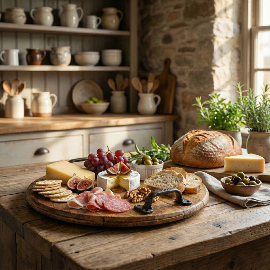 A rustic kitchen features a wooden table topped with cheese, bread, grapes, figs, and charcuterie artfully arranged on the Charcuterie and Cheese Round Wooden Serving Board, Full Size, Hand Made Solid Wood Construction.