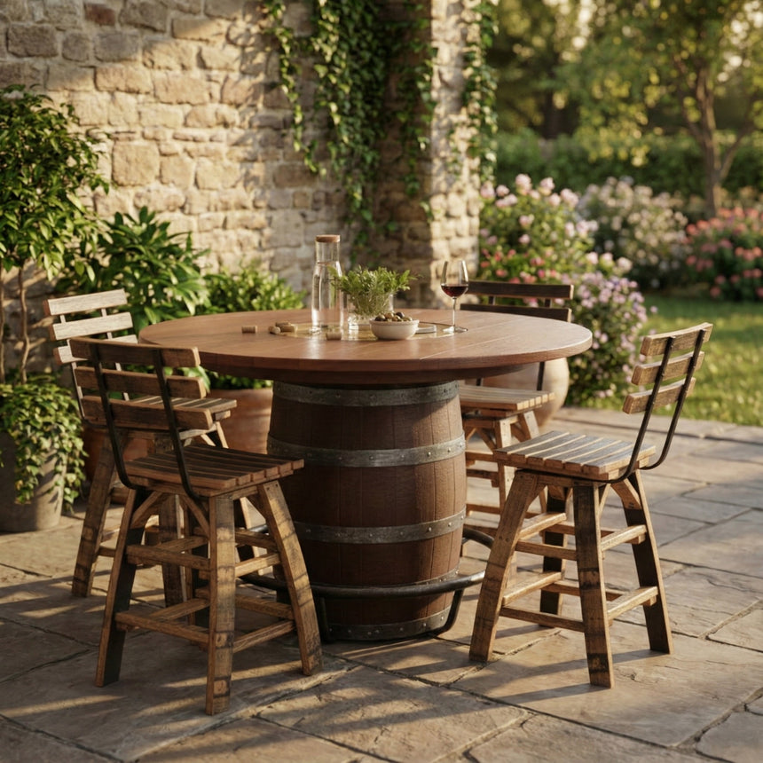 The Barrel Bar Table And Stool with Back, set outdoors on a stone patio surrounded by garden plants, creates a charming and inviting space for relaxing or entertaining.