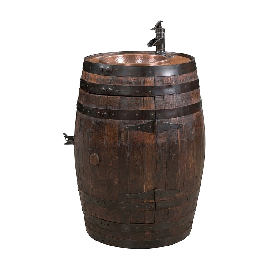 The Barrel Vanity features a rustic wooden barrel design with metal bands, a weathered finish, and comes with a black faucet for a unique bathroom vanity look.