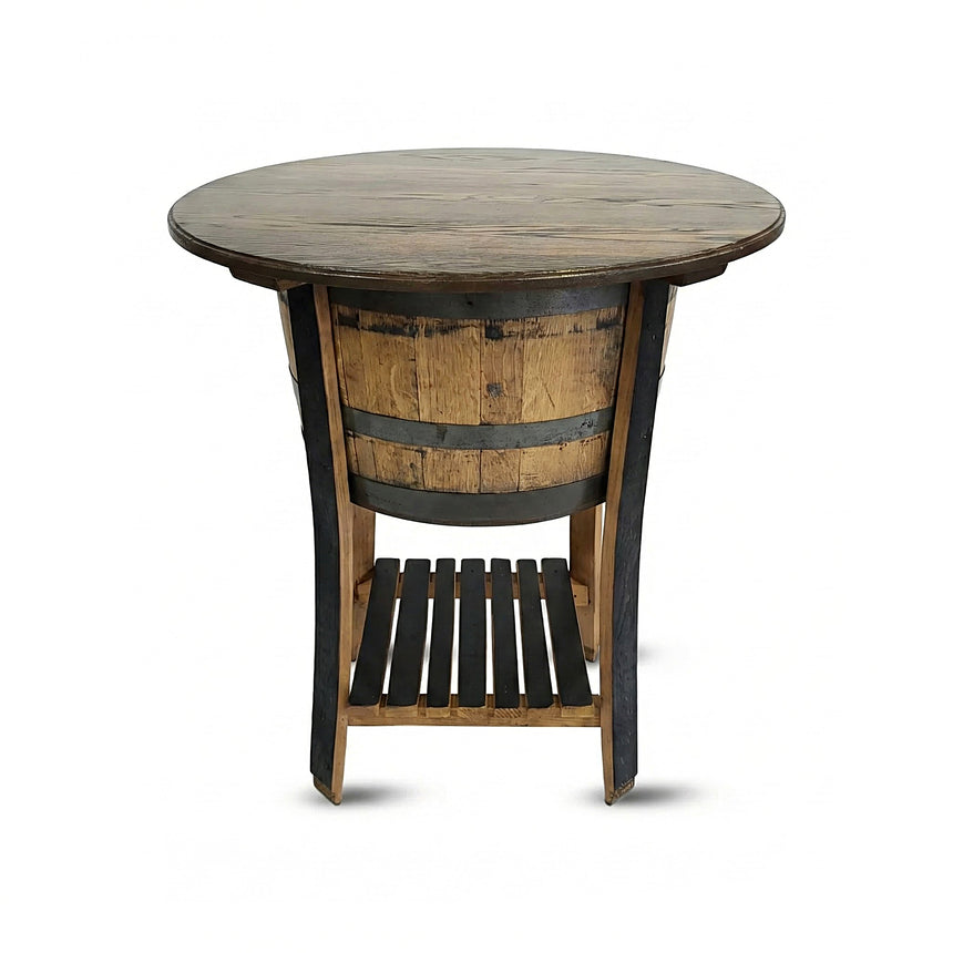 The Half Barrel Table With Solid Top is a round wooden rustic coffee table, featuring a barrel-style base and a slatted shelf below, shown from the front against a white background.