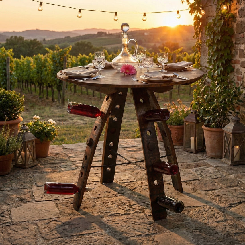 The Barrel Stave Table, set for dinner with wine bottles in its legs, overlooks a vineyard at sunset—a stunning piece of bourbon barrel furniture.