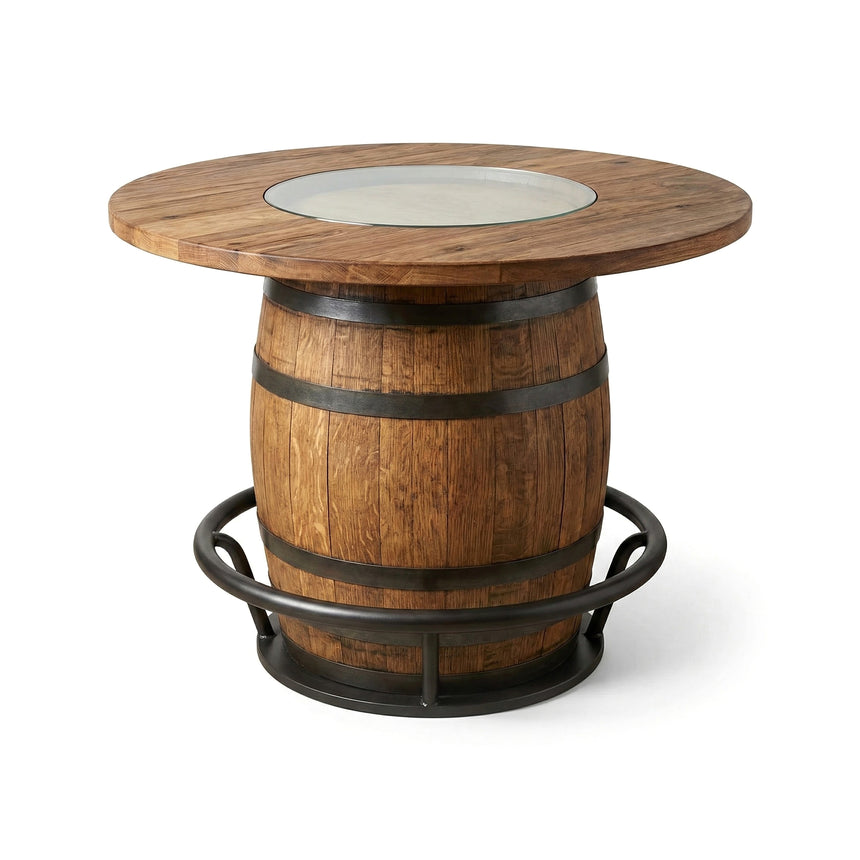 Whiskey Barrel Pub Table, 48 Inch Burnt Hickory Tabletop with Glass Inset, Hand Made Solid Wood Barrel Construction