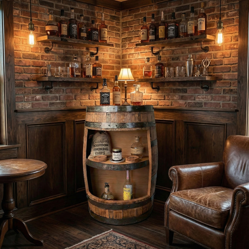 Cozy home bar featuring whiskey bottles on a liquor shelf, a hand made solid wood Half Barrel Open Cabinet with Shelves mini bar, leather chair, and warm brick walls.