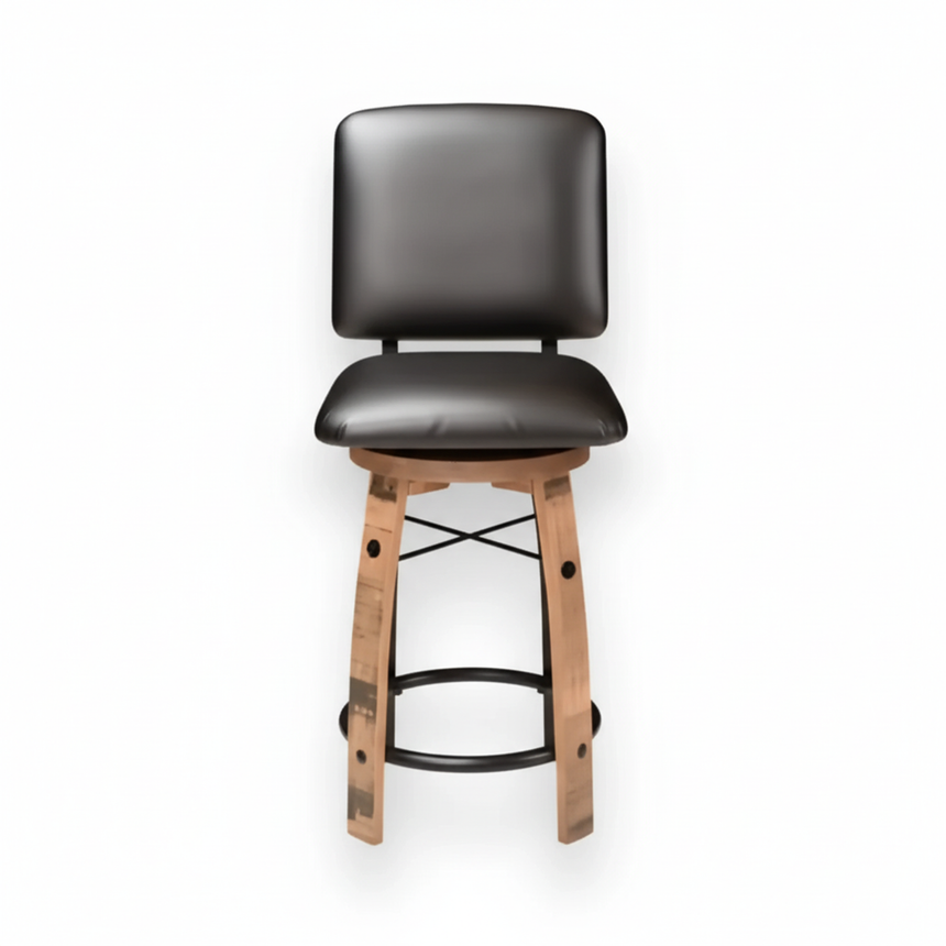 The Bar Stool Cushioned Seat With Back Cushion is crafted from a whiskey barrel, featuring a black cushioned seat and backrest, shown from the front against a white background.