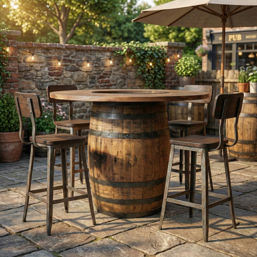 A rustic outdoor patio featuring a Plain Barrel Table, four chairs, string lights, and lush greenery in the background.