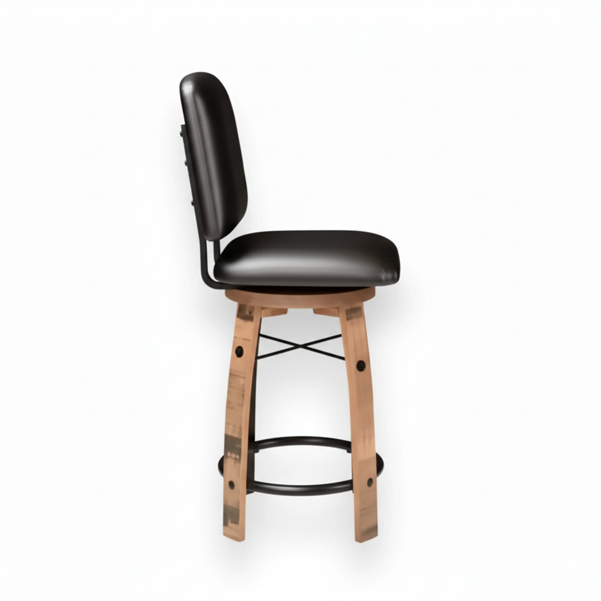The Bar Stool Cushioned Seat With Back Cushion is a wooden bar stool featuring a black cushioned seat and back, shown from the side against a white background.
