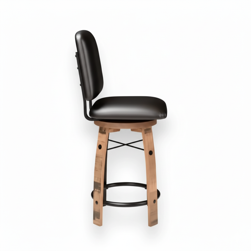 The Bar Stool Cushioned Seat With Back Cushion is a wooden bar stool featuring a black cushioned seat and back, shown from the side against a white background.