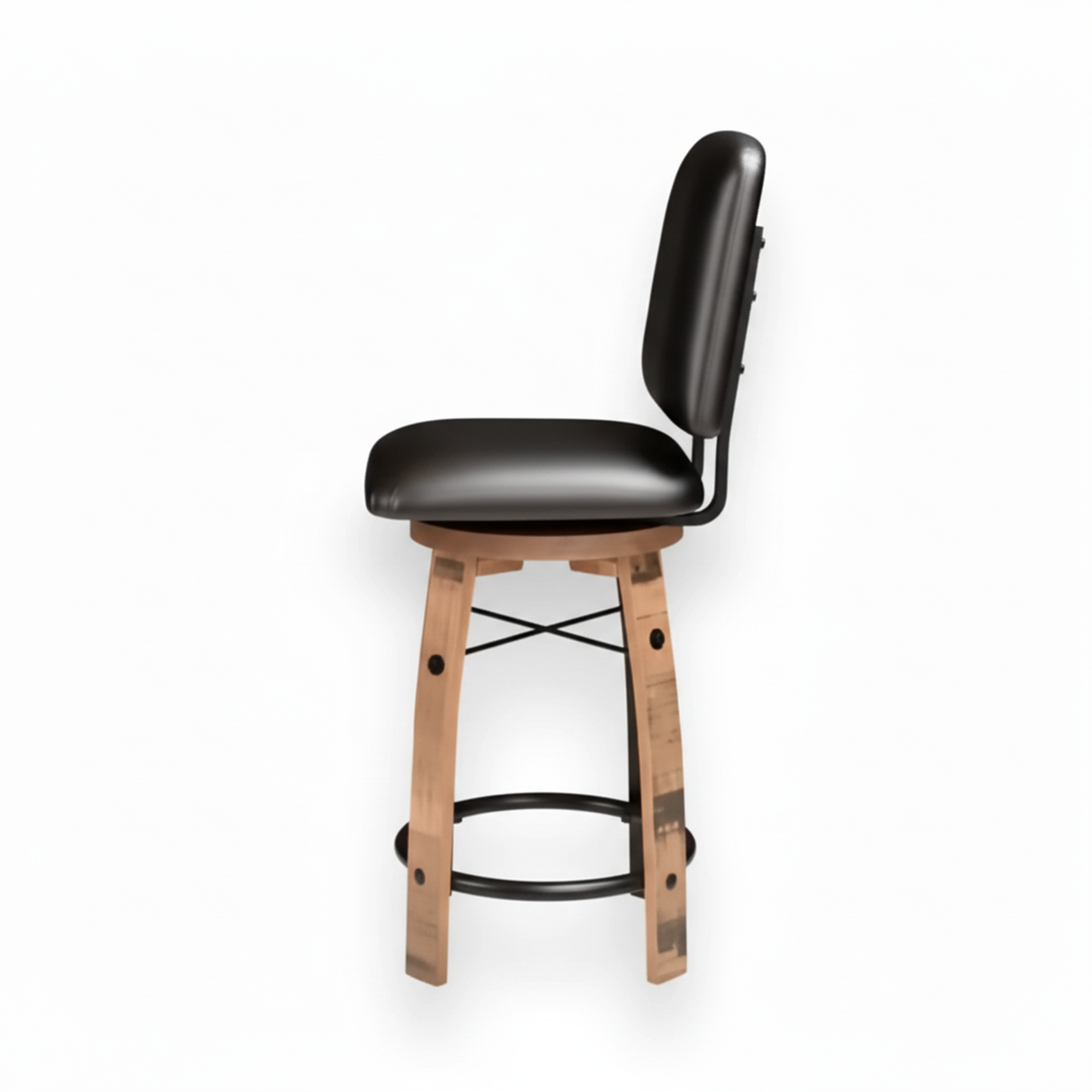 The Bar Stool Cushioned Seat With Back Cushion is inspired by a whiskey barrel and features a black cushioned seat with backrest, shown in side view.