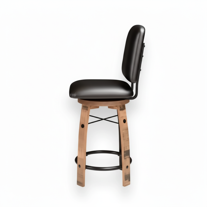 The Bar Stool Cushioned Seat With Back Cushion is inspired by a whiskey barrel and features a black cushioned seat with backrest, shown in side view.