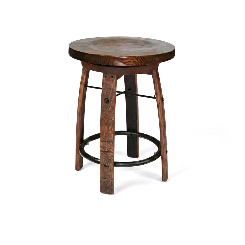 The Bar Stool Round Wooden Seat features a rustic round wood seat and metal footrest ring, inspired by classic bourbon barrel stool design, shown isolated on white.