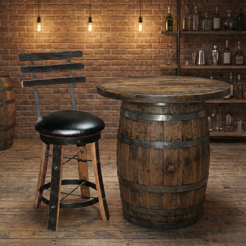 The Reverse Leg Stool, crafted from an authentic whiskey barrel, brings rustic charm to any industrial-style space with brick walls.