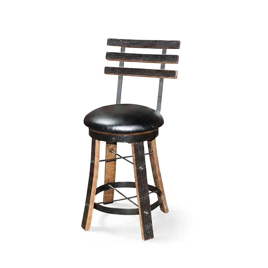 Reverse Leg Stool with a black padded seat, slatted backrest, metal accents, and a circular footrest for an authentic look.