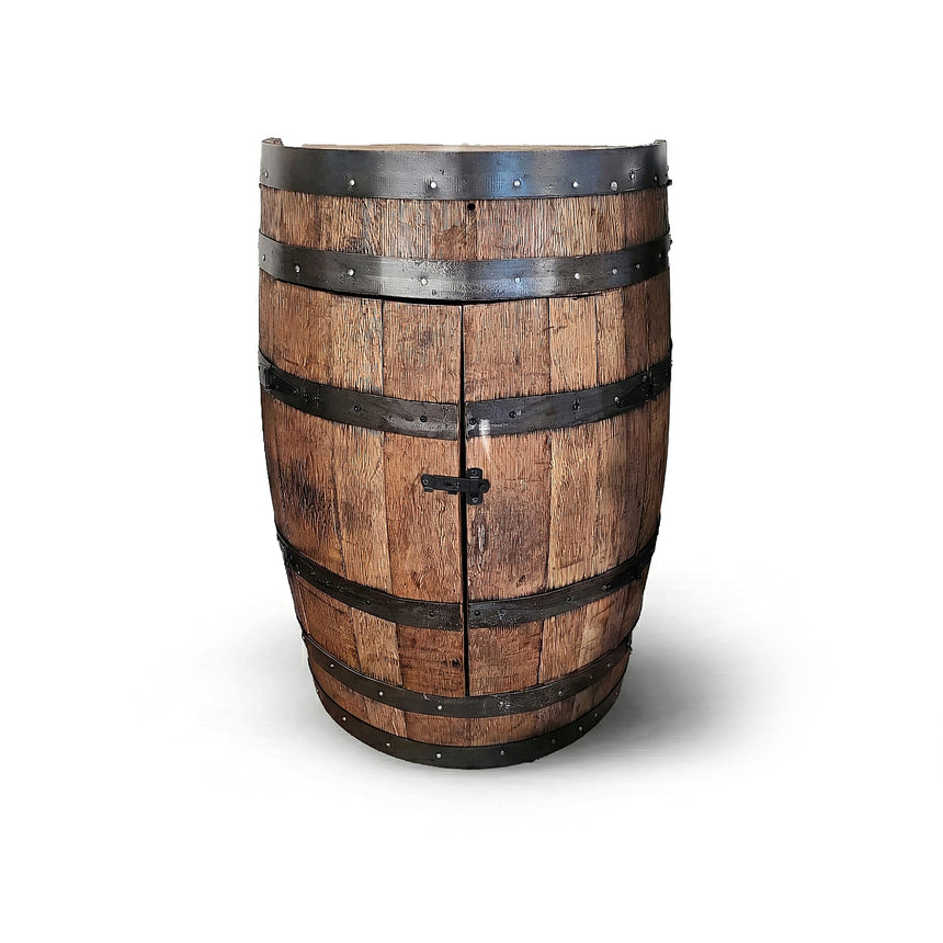 Handmade solid wood Half Barrel Cabinet with door and shelves, featuring metal bands and latch. Perfect as a mini bar or bourbon barrel furniture for rustic home decor.