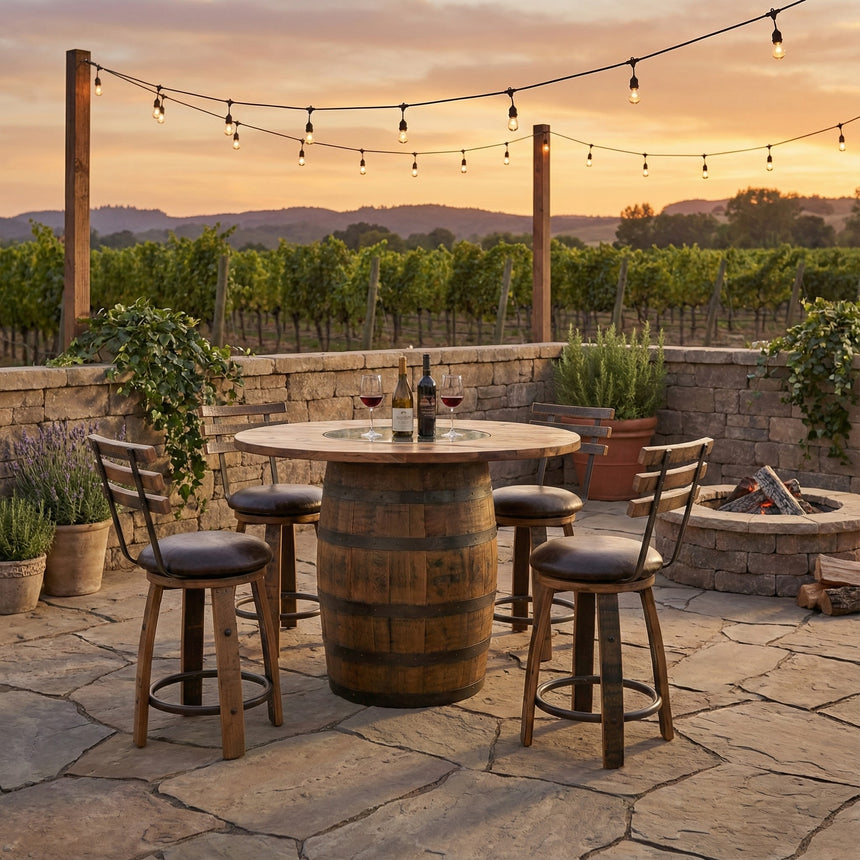 The Barrel Table with Chairs set, featuring four seats and wine glasses on a patio, creates a handcrafted dining experience. String lights and vineyard views add charm at sunset.