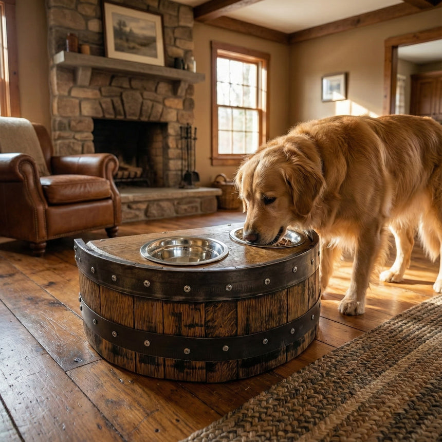 Whiskey Barrel Pet Feeder