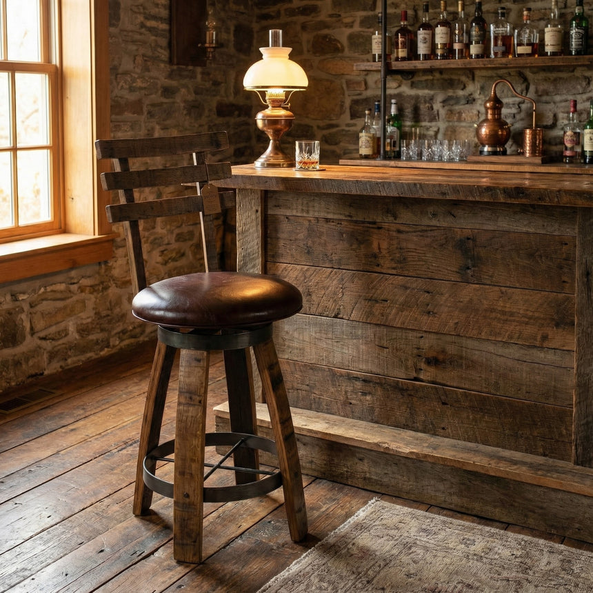 A rustic bar featuring a Cushioned Barstool With Backrest, hand made from solid wood barrel staves, with shelves of bottles and vintage lamps against a stone wall and American oak barrels for accent.