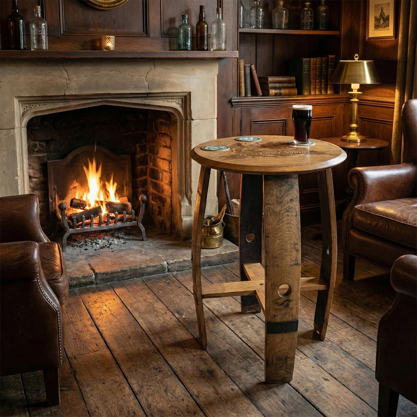 A cozy pub scene features a handcrafted Pub Table with a pint of beer, leather chairs, a lit fireplace, and rustic furniture.