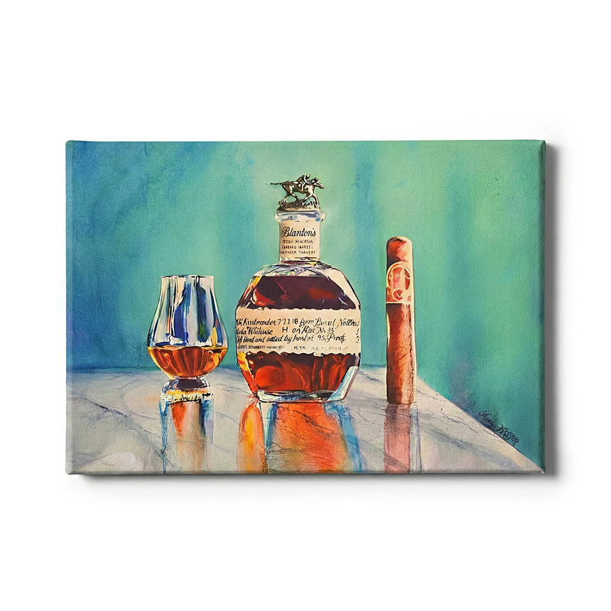 Canvas Wall Art of Your Favorite Bourbon features a whiskey bottle, glass, and cigar on a reflective surface with a teal background—ideal rustic decor that adds warmth and character to any room.