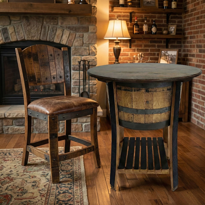 Cozy room with a fireplace and shelves, featuring the Half Barrel Table With Solid Top and a wooden chair for rustic dining.