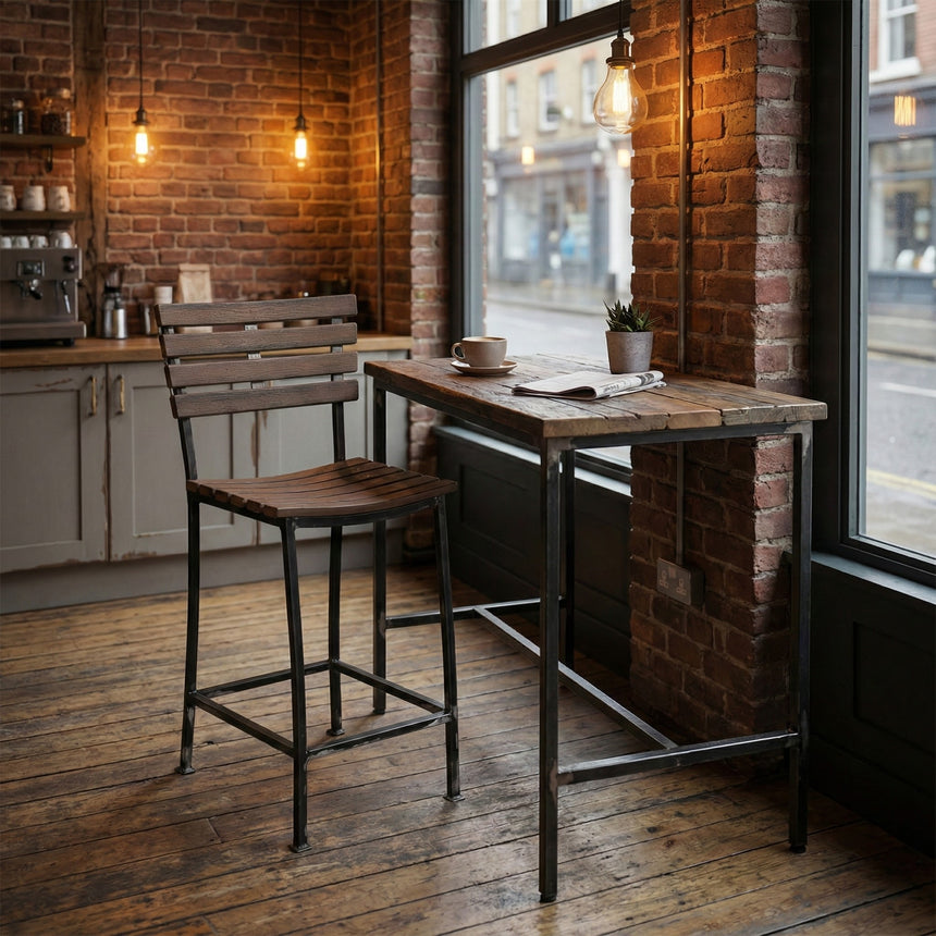 Outdoor Bar Stool by a window in a cozy café with brick walls, warm lights, and a cup on the table.