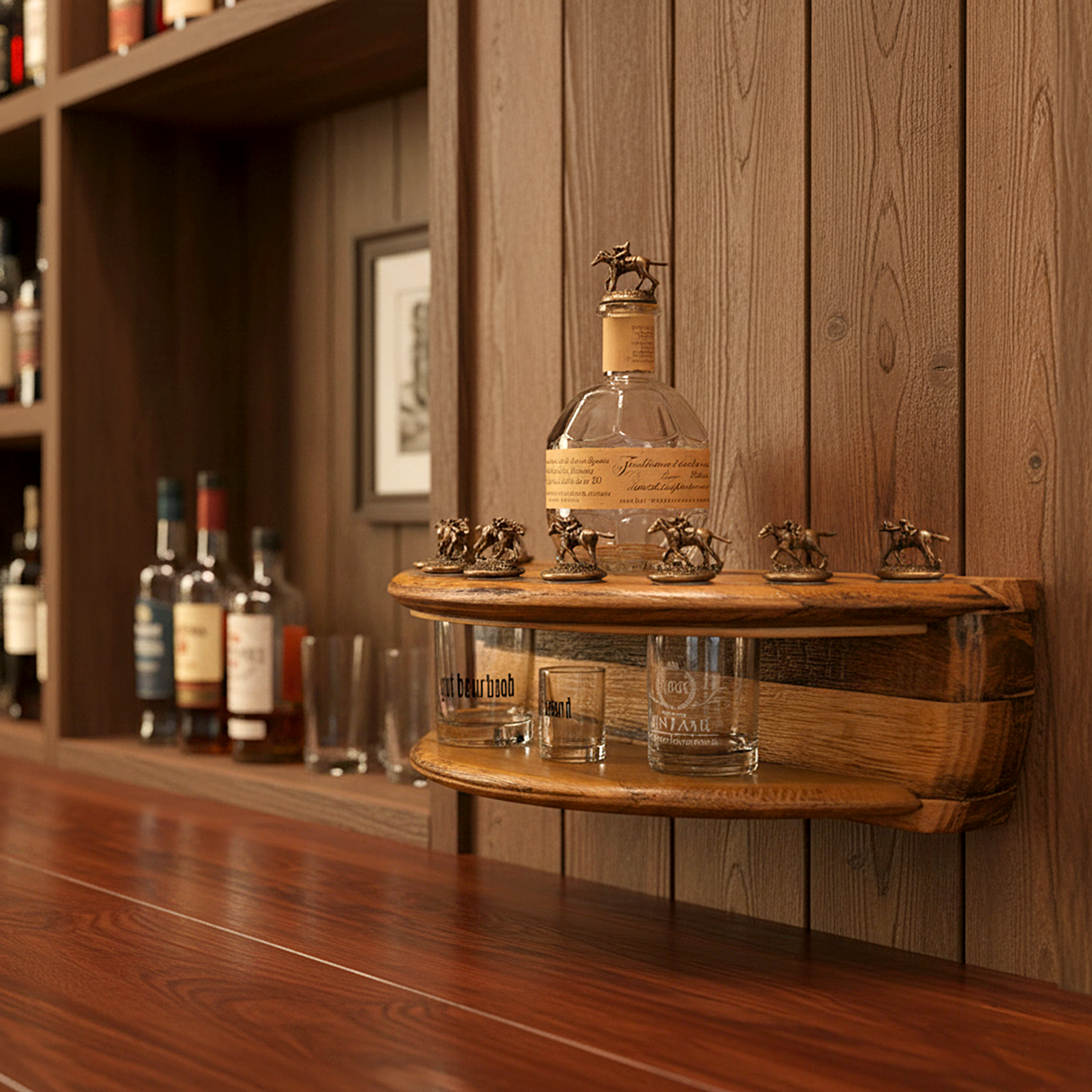 The 2 Tier Shelf, hand made from solid wood barrel staves, beautifully displays Blanton's bottles, horse cork stoppers, and glasses for the perfect bourbon setup.