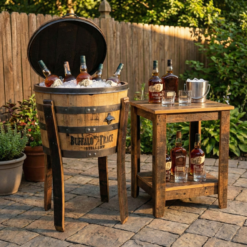Outdoor scene featuring the Outdoor Bottle Cooler—handmade from solid wood in a classic barrel design—packed with whiskey, wine, and beer bottles on ice, displayed alongside more bottles on a rustic wooden table.