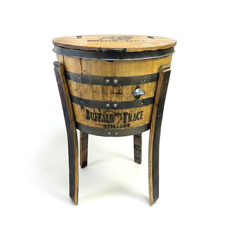 Handmade solid wood barrel cooler with sturdy metal bands, a three-legged stand, and "Buffalo Trace Distillery" logo—perfect for outdoor gatherings; fits whiskey, wine, and beer bottles.