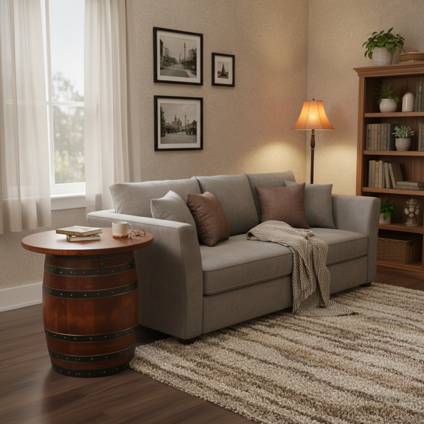 Cozy living room with a gray sofa, Small Barrel End Table, floor lamp, and bookshelf on a striped rug.