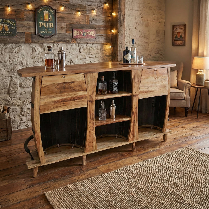The 3 Barrels Bar Table adds rustic charm to any room with its wooden design, shelves for bottles, warm lighting, and vintage wall signs—ideal furniture for the perfect man cave.