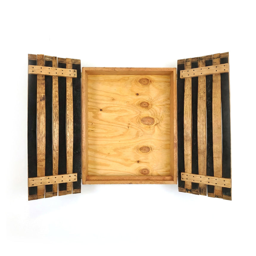 Handmade from solid wood with barrel stave construction, the Dart Board Cabinet fits a standard tournament spec dart board—two slatted doors swing open to reveal an empty interior, perfect for enhancing your game room.
