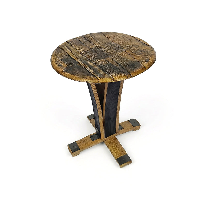 The End Table features a round wooden top, rustic style, unique curved legs, and a charming handcrafted finish.