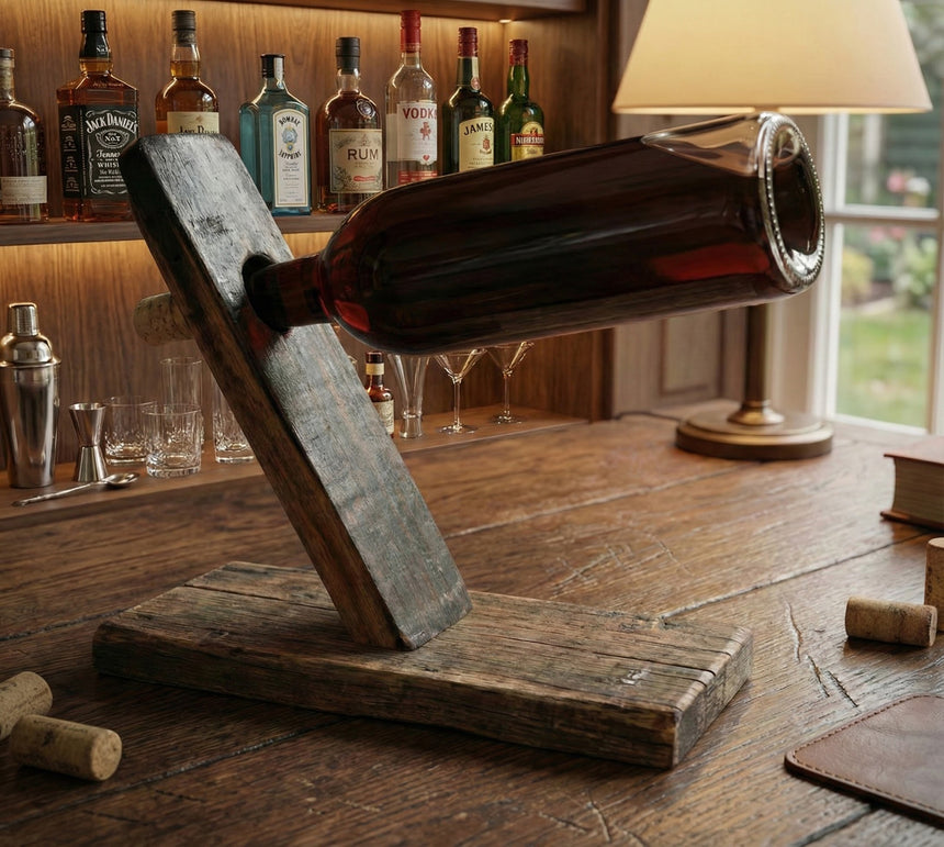 A Bottle Balancer made from bourbon barrel staves holds a wine bottle, displayed on a bar with bottles and a lamp in the background.