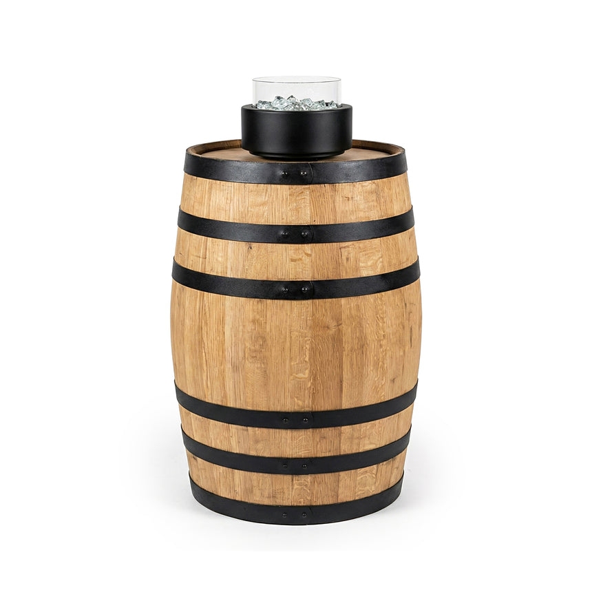 The Pub Table Glass Fire Top features black metal bands and a glass fire bowl with decorative stones, making it an ideal outdoor fire pit table for cozy gatherings.