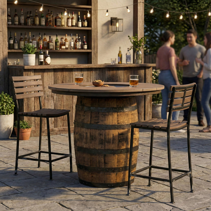 Outdoor patio featuring the Outdoor Barrel Table With Poly Top, two chairs, drinks, and people talking near a bar in the background.
