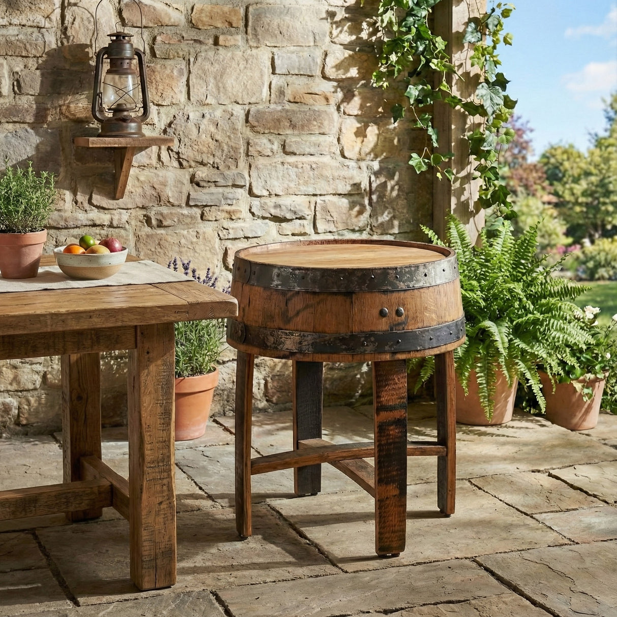Sunlit rustic patio featuring a wooden table, the Barrel End Table, potted plants, and a stone wall.