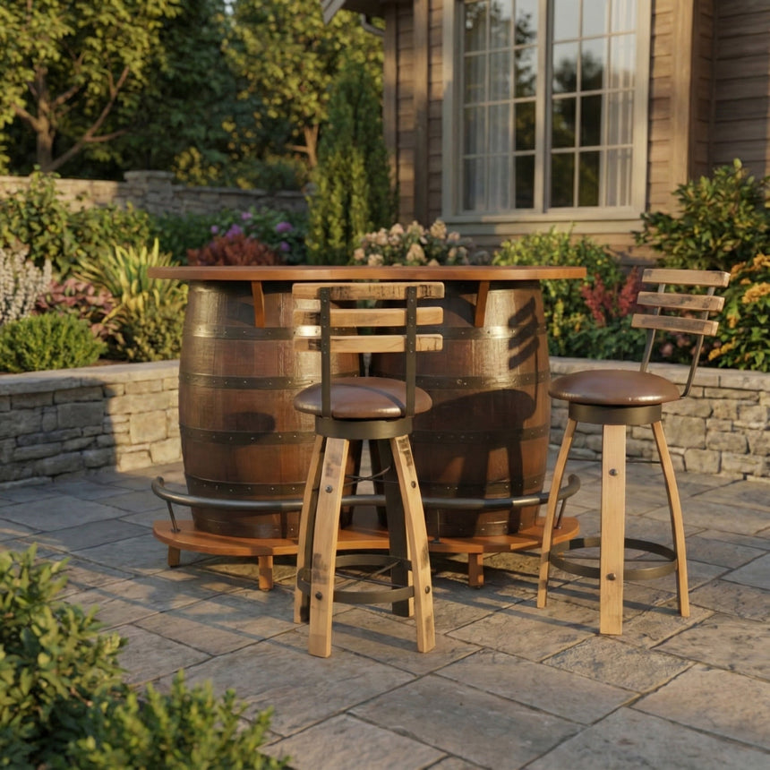 The Barrel Bar Table with Chairs, featuring a barrel-shaped table and two wooden stools, is perfect for rustic patio decor in a charming garden setting.