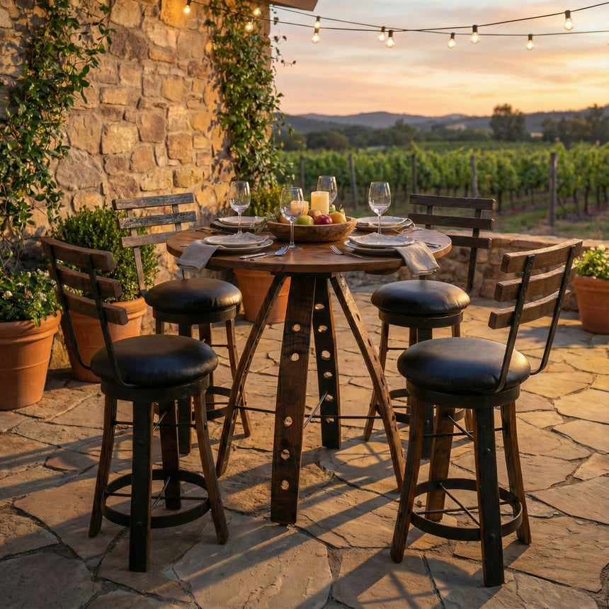 A Barrel Stave Table with Swivel and Reverse Leg Stools is set for dinner on a patio overlooking a vineyard at sunset, illuminated by string lights—a stunning scene showcasing this refined furniture.