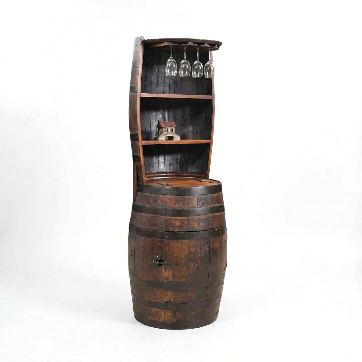 The Barrel Hutch is a handcrafted wooden barrel cabinet featuring shelves, hanging wine glass storage, and a small house model inside—an elegant addition to any space.