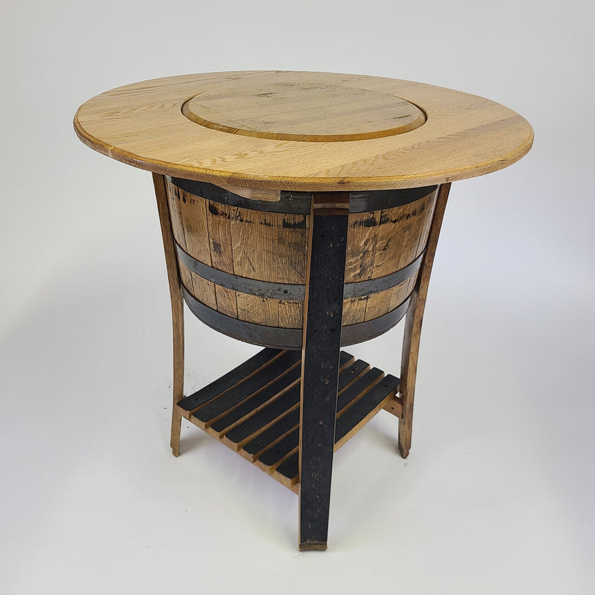 Half Barrel Table - Barrel Head with Storage - T003 features a round wooden tabletop, half barrel base with metal supports, and a slatted wooden shelf at the bottom. Priced at $700.00.
