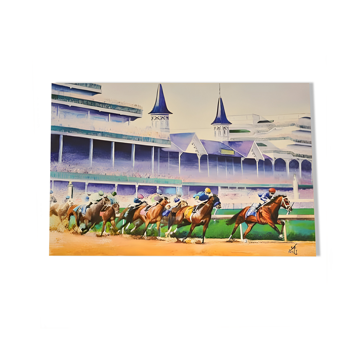 Painting of a colorful horse race at a famous track, using premium materials to depict jockeys and historic grandstands in the Canvas Wall Art "Day at the Races.