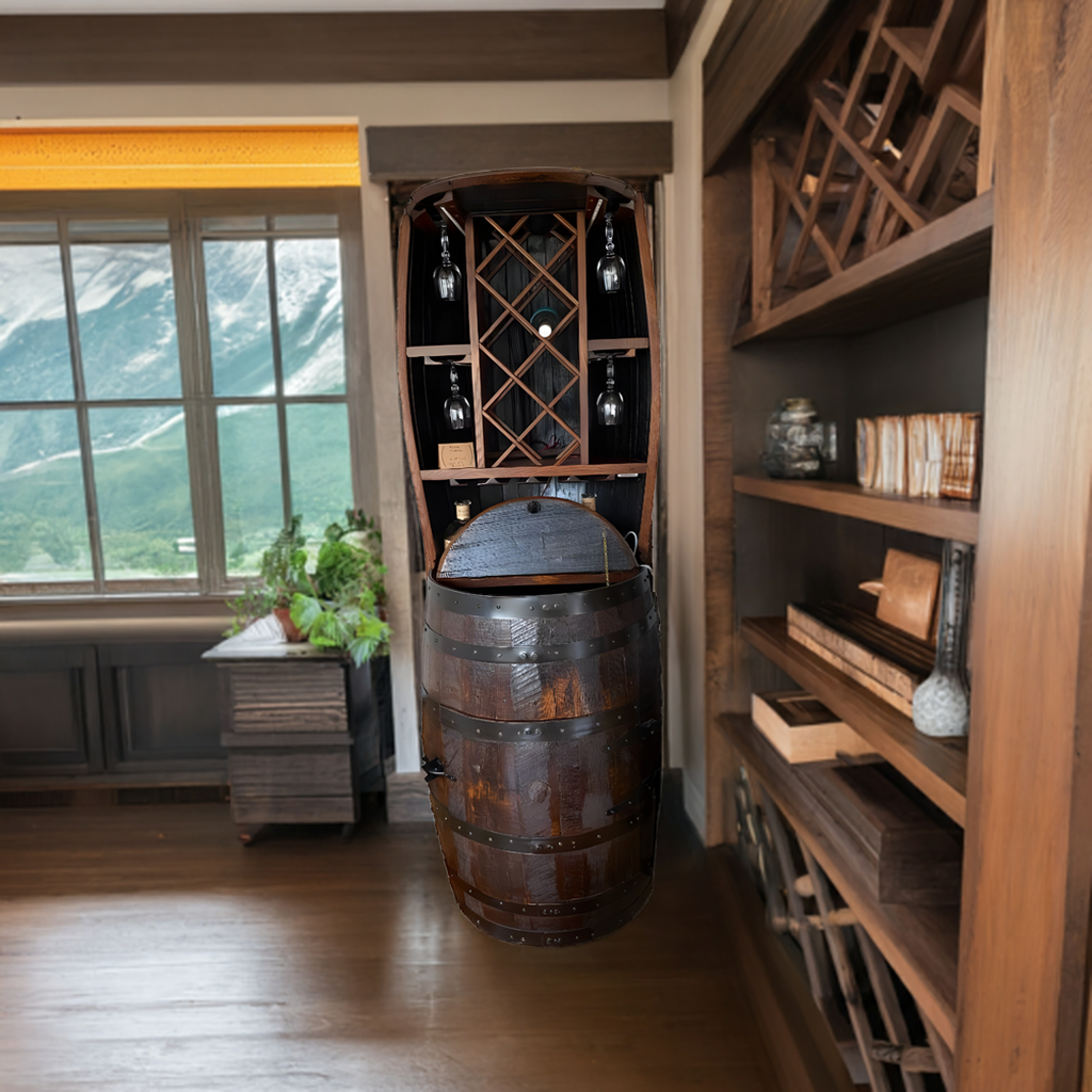 The Hutch Wine Bar Cabinet, made from solid wood barrel construction, holds 7 wine bottles and 20 glasses—perfect for stylishly displaying your collection in a cozy room with scenic mountain views.