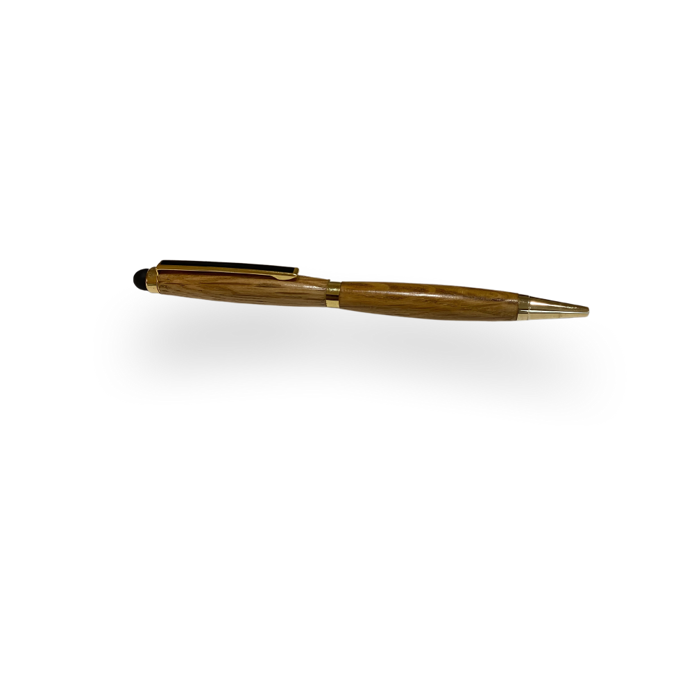 The Barrel Pen is a handcrafted wooden ballpoint executive pen made from oak whiskey barrels, featuring a gold clip and tip, showcased on a white background with a soft shadow.