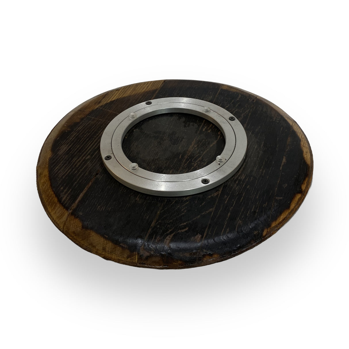 The Lazy Susan Round Swivel Wooden Tray features hand made solid wood barrel head construction with a metal circular bracket on top, shown against a white background.
