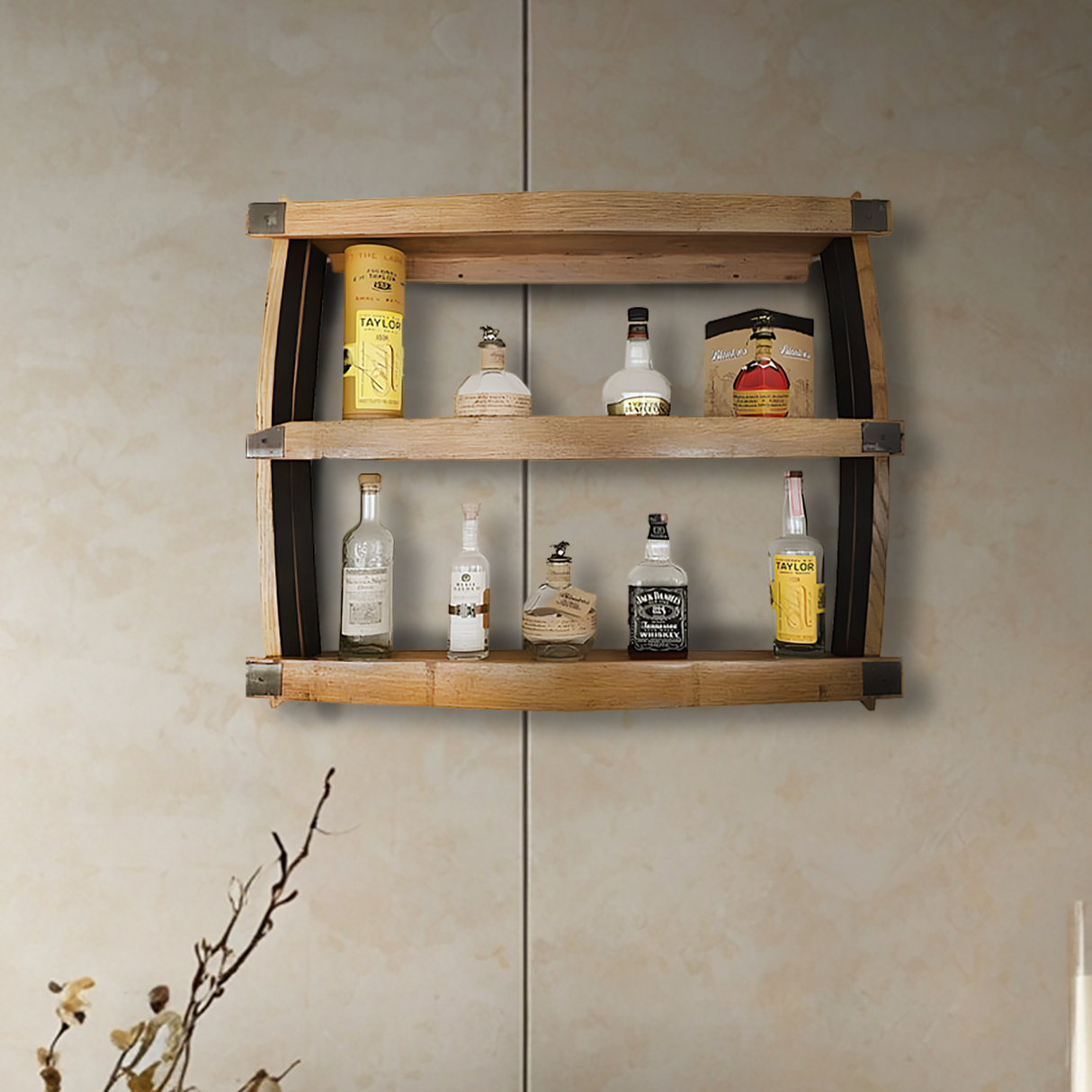 The 3 Tier Bar Shelf, made from hand-crafted solid wood barrel construction, fits 3 rows of spirits and adds rustic charm while offering functional liquor storage on any light beige wall.