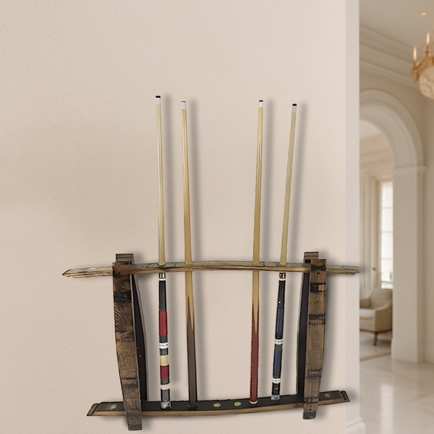 Up to 8 billiard cues are neatly organized in a freestanding, handcrafted solid wood pool cue rack with barrel stave construction, blending elegance and practicality in your game room.